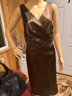 Eliza J Chocolate Brown V-Neck Beaded Waist Midi Dress